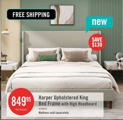 Harper Upholstered King Bed Frame with High Headboard, Linen Fabric - Beige