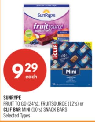 SUNRYPE FRUIT TO GO (24's), FRUITSOURCE (12's) or CLIF BAR MINI (10's) SNACK BARS