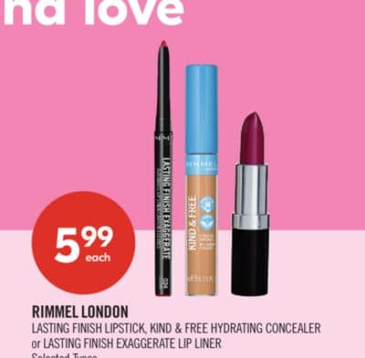 RIMMEL LONDON LASTING FINISH LIPSTICK, KIND & FREE HYDRATING CONCEALER or LASTING FINISH EXAGGERATE LIP LINER