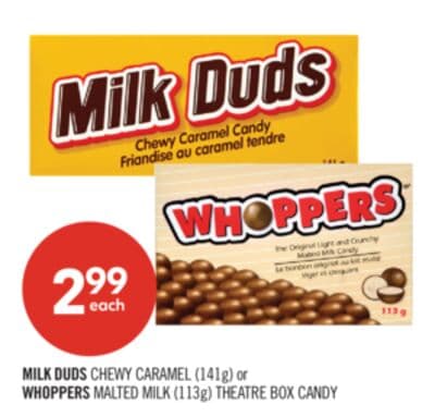 MILK DUDS CHEWY CARAMEL (141g) or WHOPPERS MALTED MILK (113g) THEATRE BOX CANDY