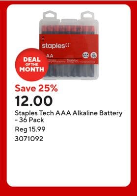 Staples Tech AAA Alkaline Battery - 36 Pack