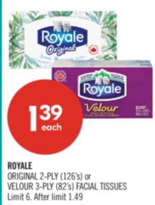 ROYALE ORIGINAL 2-PLY (126's) or VELOUR 3-PLY (82's) FACIAL TISSUES