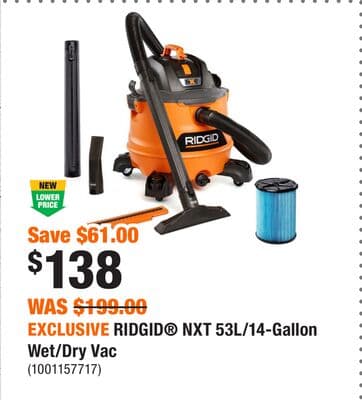 EXCLUSIVE RIDGID® NXT 53L/14-Gallon Wet/Dry Vac