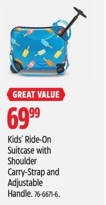 Kids' Ride-On Suitcase with Shoulder Carry-Strap and Adjustable Handle.
