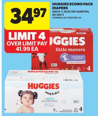 HUGGIES ECONO PACK DIAPERS, 60-200'S