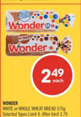 WONDER WHITE or WHOLE WHEAT BREAD 570g