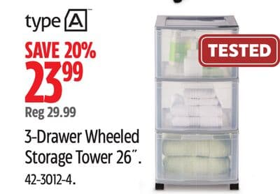 type:A 3-Drawer Wheeled Storage Tower 26"