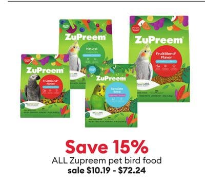 Save 15% ALL Zupreem pet bird food
