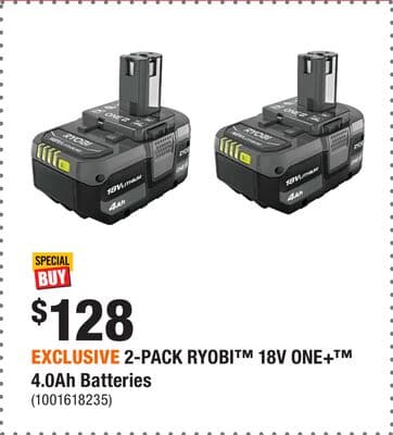 EXCLUSIVE 2-PACK RYOBI™ 18V ONE+™ 4.0Ah Batteries