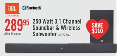 JBL Cinema SB550 3.1 Channel 250W Soundbar with Wireless Subwoofer (JBLSB550BLKAM)