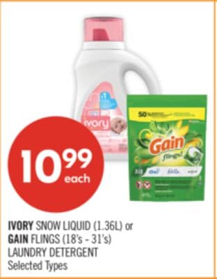 IVORY SNOW LIQUID (1.36L) or GAIN FLINGS (18's - 31's) LAUNDRY DETERGENT