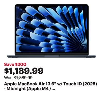 Apple MacBook Air 13.6" w/ Touch ID (2025) - Midnight (Apple M4 / 16GB RAM / 256GB SSD) - English