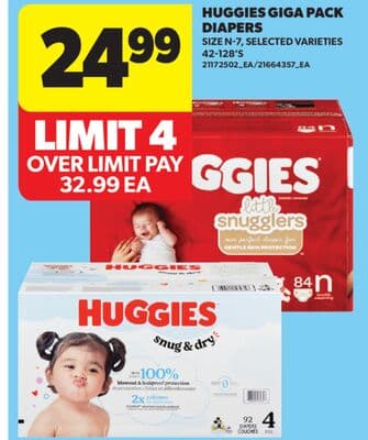 HUGGIES GIGA PACK DIAPERS, 42-128' S