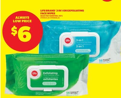 LIFE BRAND® 3 IN 1 OR EXFOLIATING FACE WIPES, 56' S