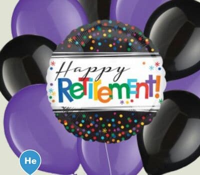 Happy Retirement Round Polka Dot Satin Foil Balloon Bouquet with Latex Balloons, Black/Multi-Coloured, 10-pk, Helium Inflation & Ribbon Included