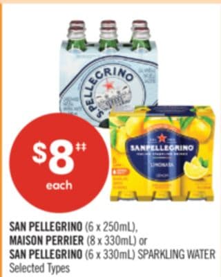 SAN PELLEGRINO (6 x 250mL), MAISON PERRIER (8 x 330mL) or SAN PELLEGRINO (6 x 330mL) SPARKLING WATER