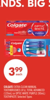 COLGATE EXTRA CLEAN MANUAL TOOTHBRUSHES (4's), TOTAL ADVANCED (120mL) or OPTIC WHITE PURPLE (90mL) TOOTHPASTE