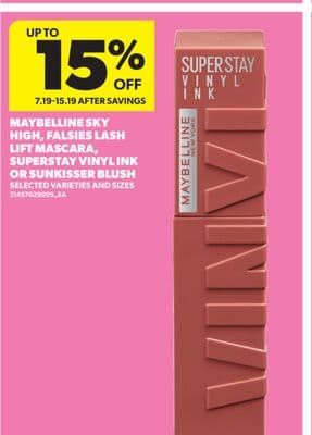 MAYBELLINE SKY HIGH, FALSIES LASH LIFT MASCARA, SUPERSTAY VINYL INK OR SUNKISSER BLUSH