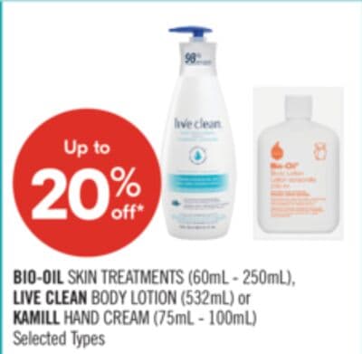 BIO-OIL SKIN TREATMENTS (60mL - 250mL), LIVE CLEAN BODY LOTION (532mL) or KAMILL HAND CREAM (75mL - 100mL)