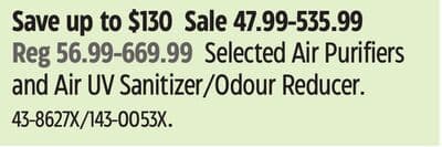 Selected Air Purifiers and Air UV Sanitizer/Odour Reducer