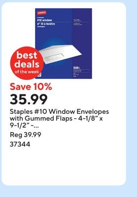 Staples #10 Window Envelopes with Gummed Flaps - 4-1/8" x 9-1/2" - White - 500 Pack