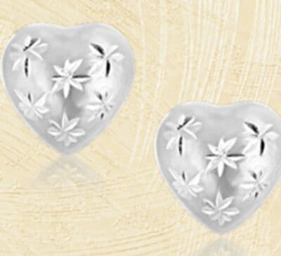 10K White Gold Diamond Cut Heart Studs