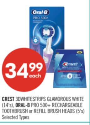 CREST 3DWHITESTRIPS GLAMOROUS WHITE (14's), ORAL-B PRO 500+ RECHARGEABLE TOOTHBRUSH or REFILL BRUSH HEADS (5's)