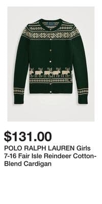 POLO RALPH LAUREN Girls 7-16 Fair Isle Reindeer Cotton-Blend Cardigan