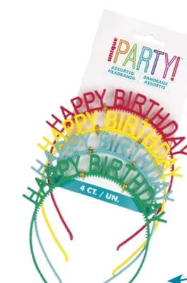 Cheerful Happy Birthday Plastic Headbands 4pk, Assorted Colours