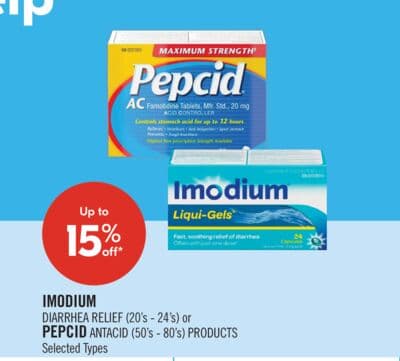 IMODIUM DIARRHEA RELIEF (20's - 24's) or PEPCID ANTACID (50's - 80's) PRODUCT