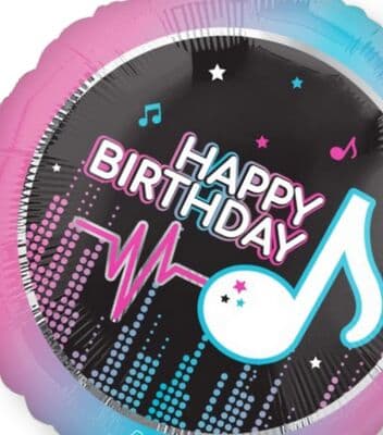 Internet Famous 'Happy Birthday' Round Satin Foil Balloon, Black/Purple, Music Note, 18-in, Helium Inflation & Ribbon Included for Birthday Party | Party City