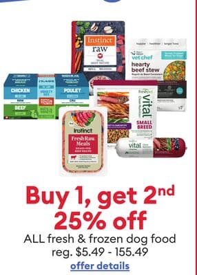 Buy 1, get 2nd 25% off ALL fresh & frozen dog food