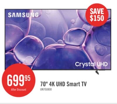 SAMSUNG 70" U8000 Crystal 4K UHD Smart Tizen OS TV (UN70U8000FFXZC) - 2025 Model