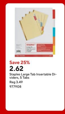 Staples Large Tab Insertable Dividers, 5 Tabs