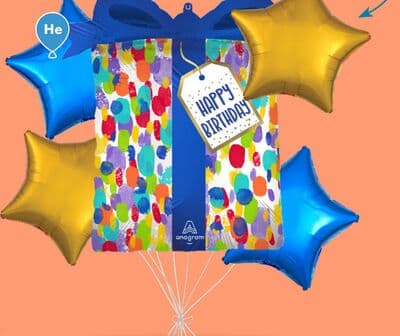 "Happy Birthday" Present Painterly Dots Supershape Balloon Bouquet with Star Foil Balloons, Blue/Gold, 5-pk, Helium Inflation & Ribbon Included