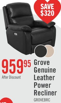 Grove 36" Genuine Leather Power Reclining Chair with Adjustable Headrest - Black