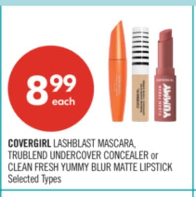 COVERGIRL LASHBLAST MASCARA, TRUBLEND UNDERCOVER CONCEALER or CLEAN FRESH YUMMY BLUR MATTE LIPSTICK