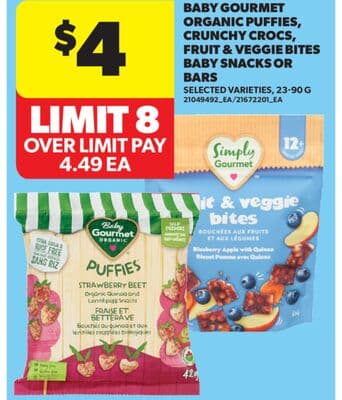 BABY GOURMET ORGANIC PUFFIES, CRUNCHY CROCS, FRUIT & VEGGIE BITES BABY SNACKS OR BARS, 23-90 G
