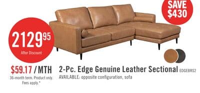Edge 2-Piece Right-Facing Genuine Leather Sectional with Wood Legs and Removable Back Cushions - Brown