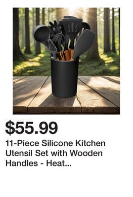 11-Piece Silicone Kitchen Utensil Set with Wooden Handles - Heat Resistant, Non-Scratch, BPA-Free - Includes Holder for Easy Storage