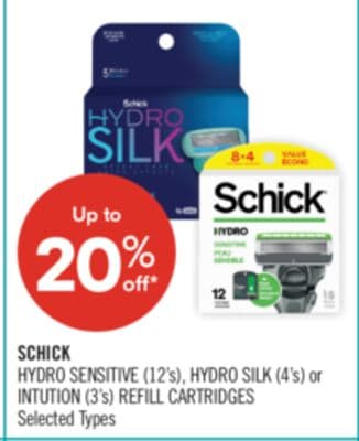 SCHICK HYDRO SENSITIVE (12's), HYDRO SILK (4's) or INTUTION (3's) REFILL CARTRIDGES