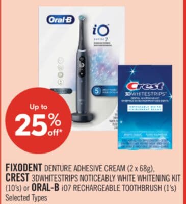 FIXODENT DENTURE ADHESIVE CREAM 2 x 68 G, CREST 3DWHITESTRIPS NOTICEABLY WHITE WHITENING KIT 10'S OR ORAL-B iO7 RECHARGEABLE TOOTHBRUSH 1'S