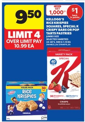 KELLOGG'S RICE KRISPIES SQUARES, SPECIAL K CRISPY BARS OR POP TARTS PASTRIES, 24-40' S, 500 G - 1.15 KG