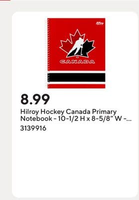Hilroy Hockey Canada Primary Notebook - 10-1/2 H x 8-5/8" W - Red/Black