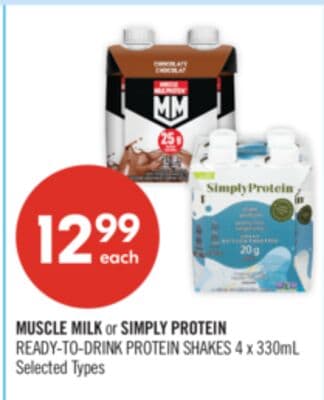 MUSCLE MILK or SIMPLY PROTEIN READY-TO-DRINK PROTEIN SHAKES 4 x 330mL