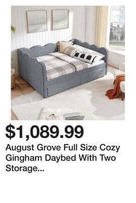 August Grove Full Size Cozy Gingham Daybed With Two Storage Drawers, With USB Port And Adorable Wave Shaped, Linen Fabric