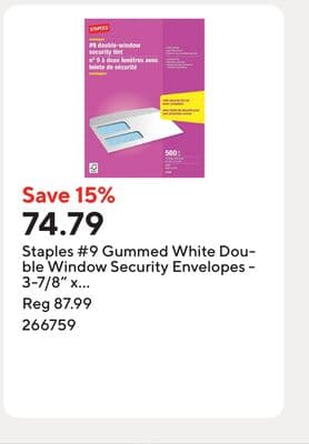 Staples #9 Gummed White Double Window Security Envelopes - 3-7/8" x 8-7/8" - 500 Pack