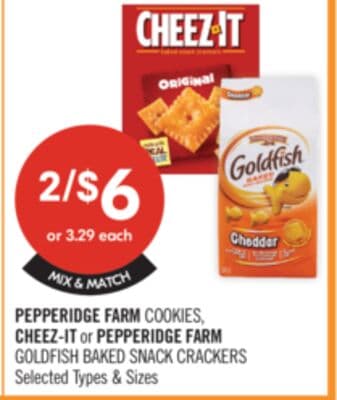 PEPPERIDGE FARM COOKIES, CHEEZ-IT or PEPPERIDGE FARM GOLDFISH BAKED SNACK CRACKERS