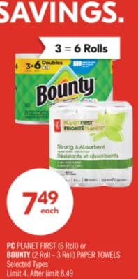 PC PLANET FIRST (6 Roll) or BOUNTY (2 Roll - 3 Roll) PAPER TOWELS