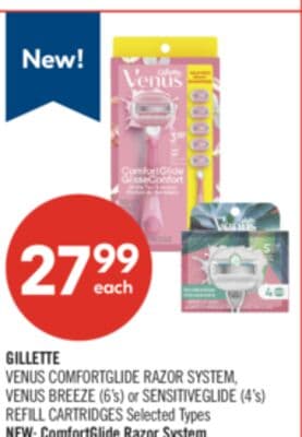 GILLETTE VENUS COMFORTGLIDE RAZOR SYSTEM, VENUS BREEZE (6's) or SENSITIVEGLIDE (4's) REFILL CARTRIDGES